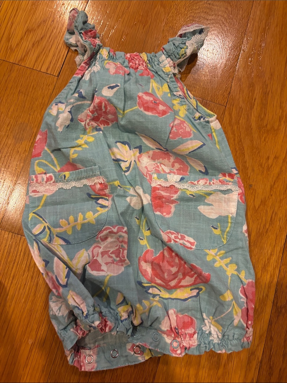 Aqua Blue Floral Baby Romper with Pink & Green Accents